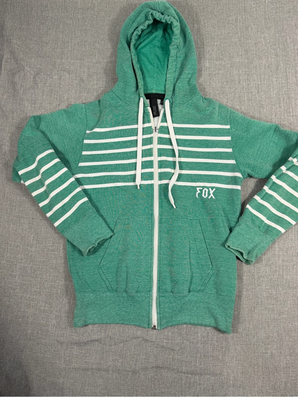 Fox Racing Hoodie Mens Small Green White Stripe Full Zip Logo Skate Moto